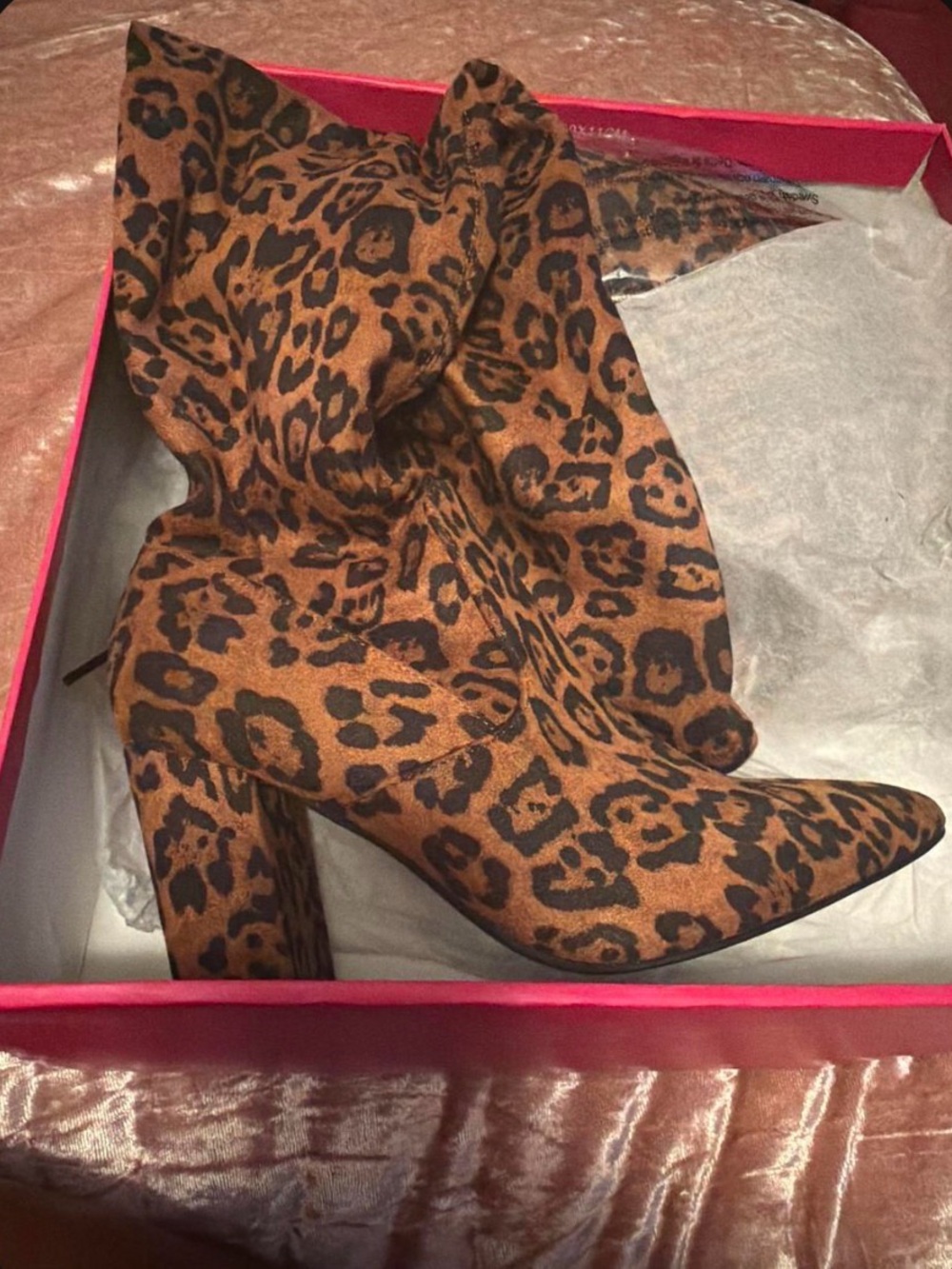 Leopard Print Pointed Toe Block Heel Knee Boots - Brown